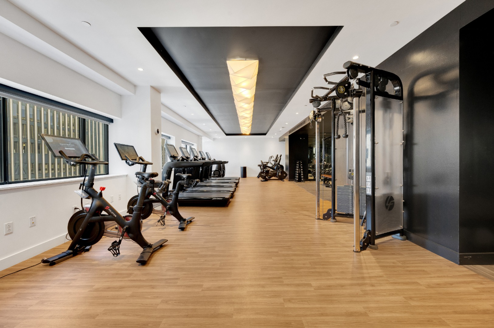 Cable machine in fitness center.