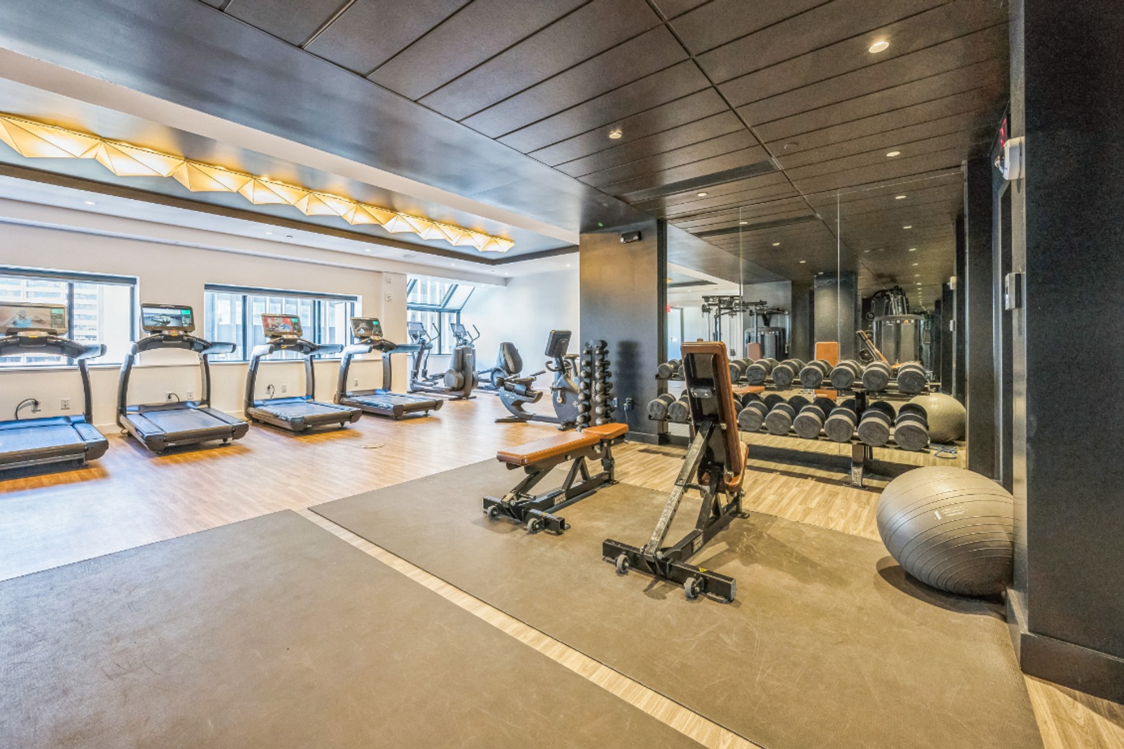 Weight benches in gym.