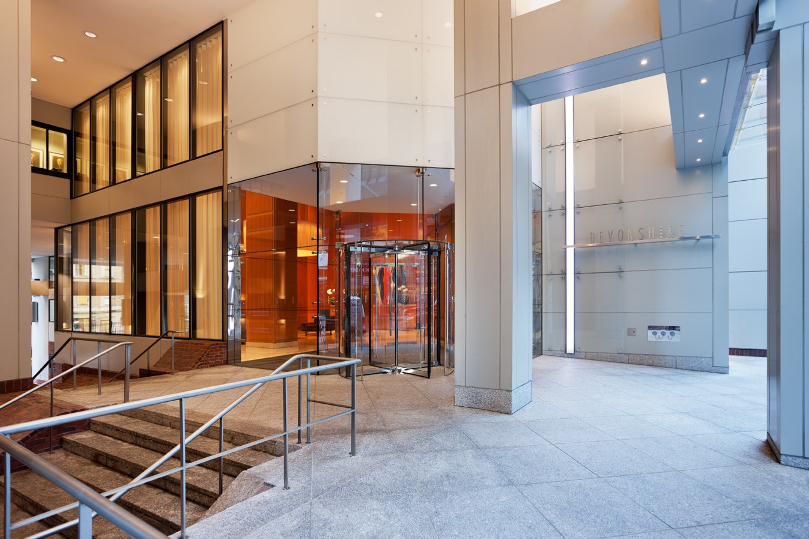 Devonshire building entrance with revolving door.