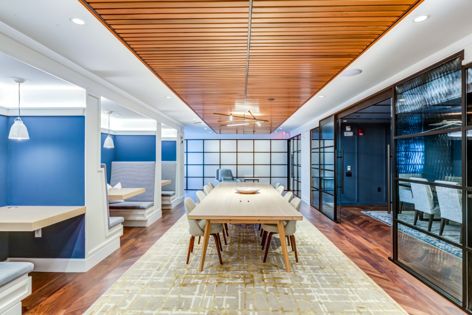Coworking lounge with table.